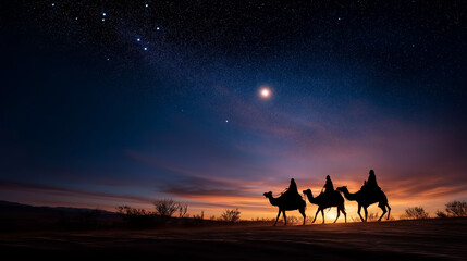 Divine star guiding Three Wise Men Kings traveling to manger where baby Jesus Christ lay peacefully Christmas epiphany celebration biblical journey of faith Christian