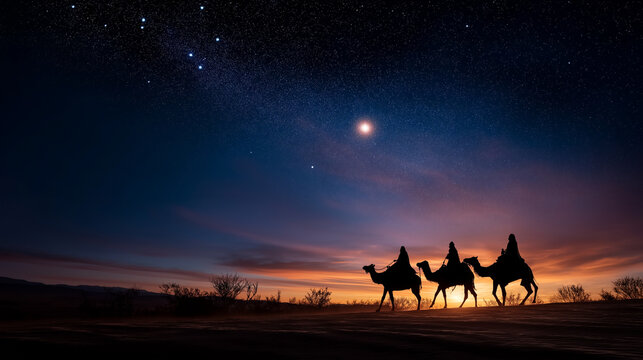 Divine star guiding Three Wise Men Kings traveling to manger where baby Jesus Christ lay peacefully Christmas epiphany celebration biblical journey of faith Christian
