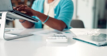 Hands, calculator or woman in office with laptop, finance forecast or risk analysis for company report. Digital, stats or analyst in agency with tech, data and performance review in budgeting project - Powered by Adobe