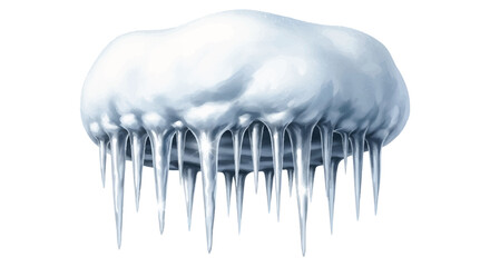 A detailed close-up of a frozen jellyfish with icicles hanging from its translucent body against a plain white background.