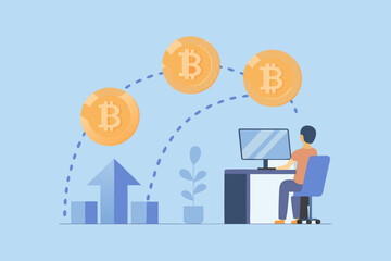 Person working on computer with bitcoin cryptocurrency growing in value and charts showing upward trend