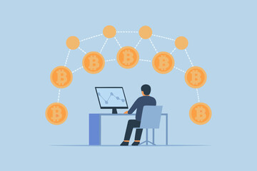 Man sitting at a desk analyzing bitcoin cryptocurrency trading charts on a computer screen