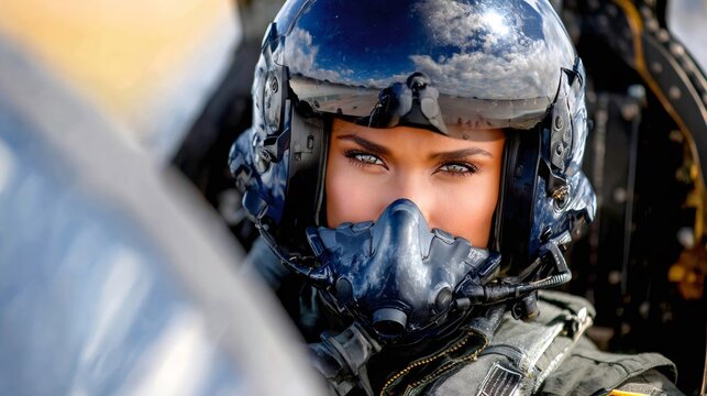 Woman fighter pilot wearing helmet in jet cockpit