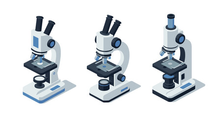 Isometric microscopes set on white background in modern design for scientific illustration