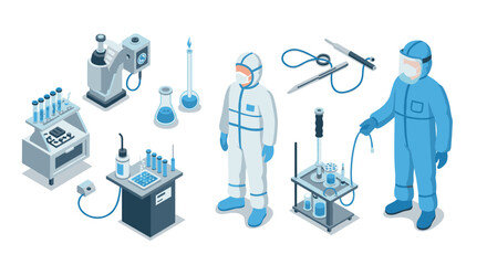 Isometric laboratory equipment and scientists in protective gear