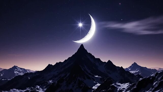 Crescent moon shines brightly above majestic snow-capped mountains under a starry night sky.