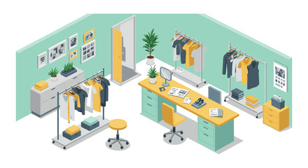 Obraz premium Modern clothing boutique office with stylish decor and organized workspace in isometric design