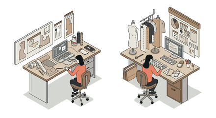 Fashion design workspace in isometric style with designers creating patterns