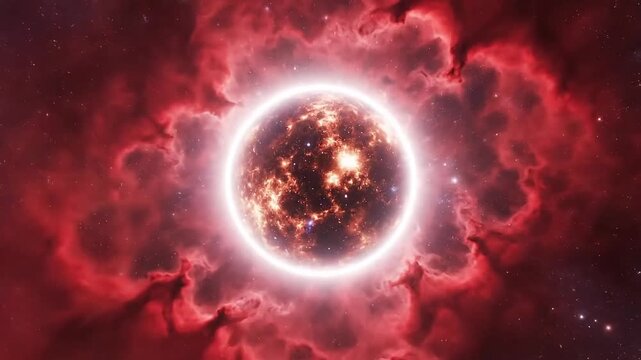 Fiery celestial body glows intensely amidst swirling cosmic nebula in deep space