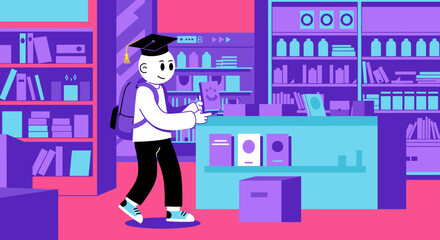 Graduate student walking in modern library with bookshelves around  