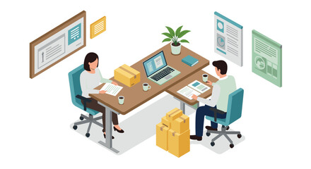 Office workspace collaboration with isometric design and modern technology elements