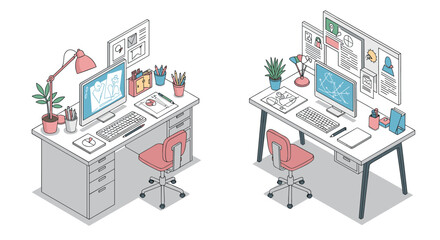 Creative workspace comparison: traditional office desk vs. modern digital setup with desktop computers