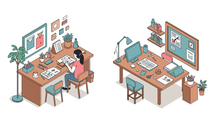 Cozy home office workspace in minimalist isometric design with creative desk setup