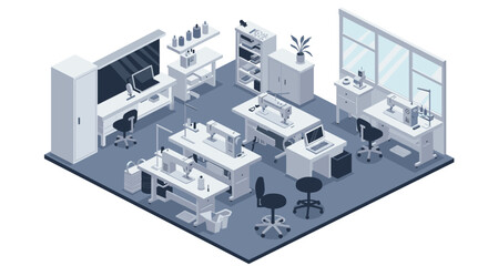 Isometric sewing workshop interior with sewing machines and workstations