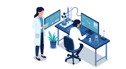 Modern laboratory research: scientists analyzing data with advanced technology