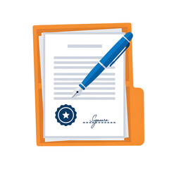 Document with pen and seal in folder isolated on transparent background