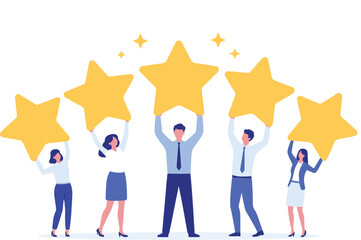 Team Celebrating Success and Five Star Achievement. Business People Holding Stars for Excellent Performance.