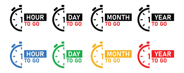 1 hour, 1 day, 1 week, 1 month, 1 year to go icon, Countdown clock icon for hour, day, month, and year remaining, Last countdown icon set, 1 hour, day, week, month, and year to go icons