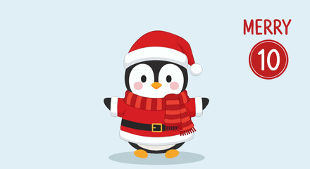 Cute Christmas Penguin Wearing Santa Hat and Scarf - Festive Holiday Illustration