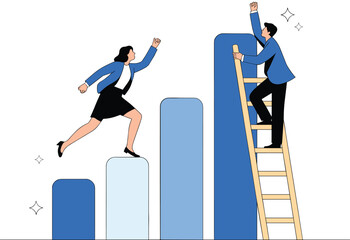 Teamwork and Leadership Helping Career Growth Success. Business People Climbing Bar Chart to Achieve Goals.