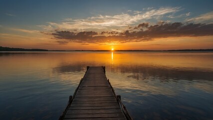Fototapeta premium a serene pier extending towards a tranquil lake at sunset, with the sky ablaze with vibrant colors