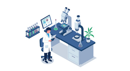Obraz premium Isometric laboratory research scene with scientist and equipment
