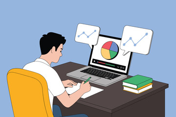 Man Analyzing Business Data Charts on Laptop. Office Worker Studying Statistics and Graphs Online.