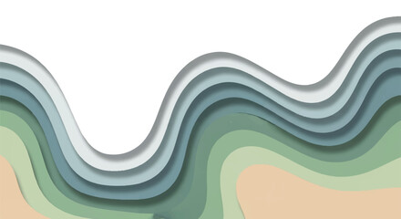 A layered, wavy abstract design with green, blue, and beige colors on a white background, featuring a cut-out paper-like effect.