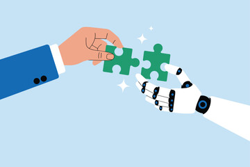 Human and Robot Hand Connecting Puzzle Pieces. Artificial Intelligence Collaboration and Innovation Concept.