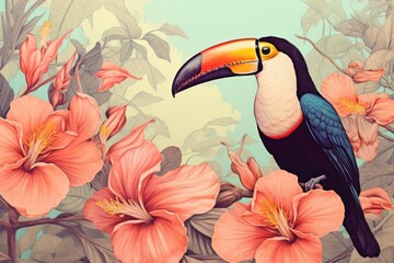 Obraz premium Vintage drawing of toucan bird pattern flower animal plant.