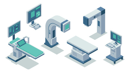 Isometric medical equipment set featuring modern diagnostic machines and computers