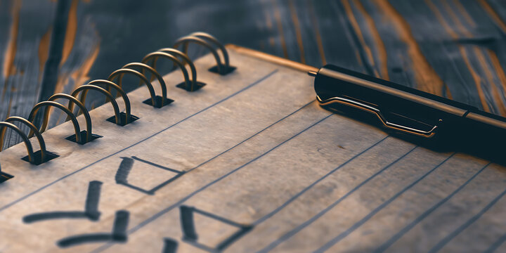 A spiral notebook with checkboxes and a pen rests on a textured wooden surface, ready for planning. - Powered by Adobe