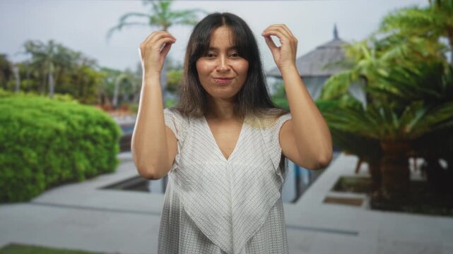 Woman with arms raised and palms visible by resort pool near a building, smiling and gesturing to camera; vacation surprise.