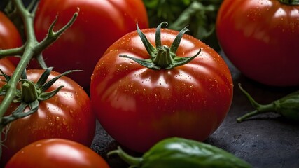 fresh, juicy tomatoes and green peppers arranged on a dark surface, with vibrant colors. The tomatoes appear ripe and ready to eat