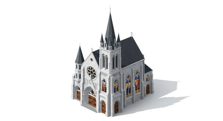 Isometric view of a white church building with gray spires and stained glass windows on a plain white background.