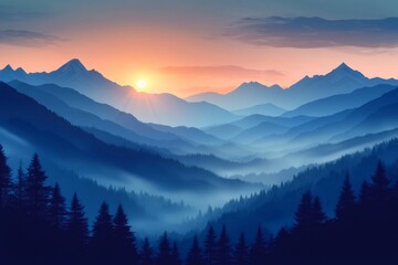 Mountain range at sunset with valley fog