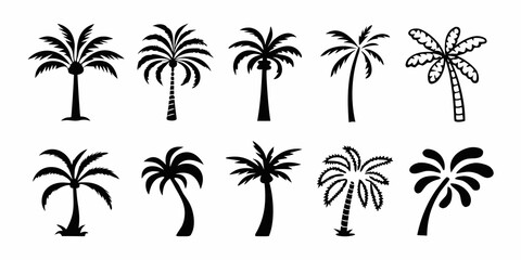 Collection of ten stylized black silhouette palm trees on a white background