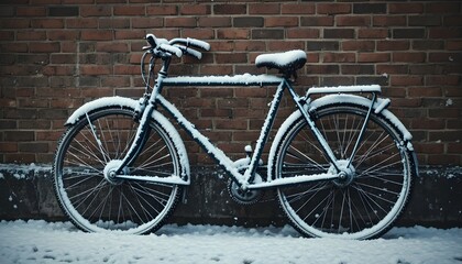Old bicycle covered in snow leaning against brick wall creating quiet winter urban scene in morning light
