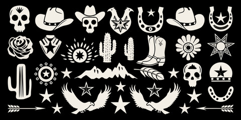 Collection of western and southwestern icons featuring skulls cowboy hats cacti boots and eagles on black background