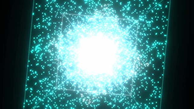 Abstract 3D Wireframe Cube with Pulsating Data Core. A Futuristic Visualization of a Quantum Computer or Network Hub.