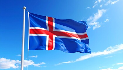 The national flag of Iceland, a symbol of pride and freedom, waves gracefully against a vibrant and clear blue summer sky