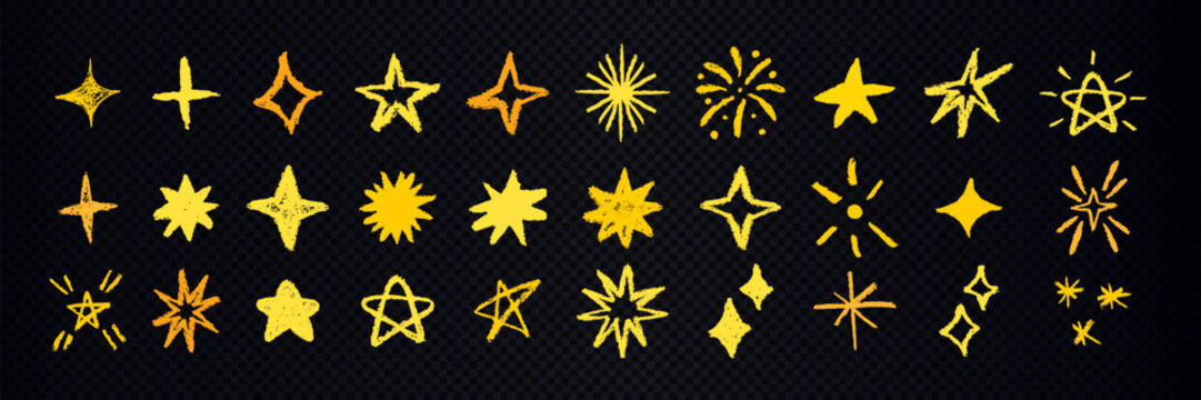 Set of doodle yellow stars and sparkle elements. Pastel brush stars isolated on transparent background.