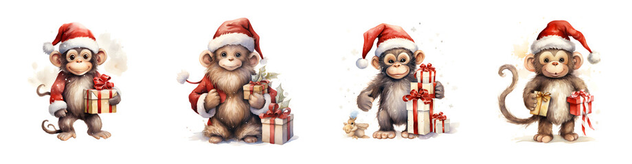 Four Cute Monkeys Wearing Santa Hats Holding Christmas Presents Isolated On A Transparent Background Transparent Background