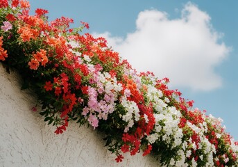 Beautiful colorful flower on the wall against blue sky