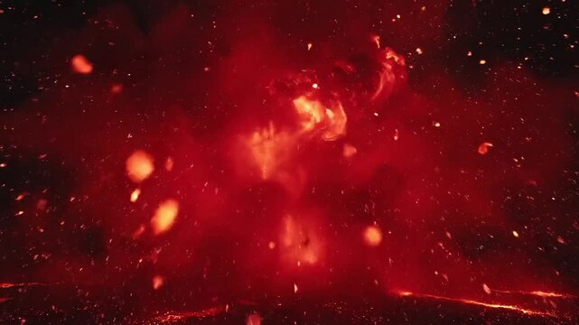 Fiery explosion of glowing embers and smoke in a dark, cosmic scene