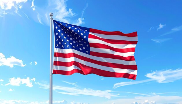 A realistic and vibrant depiction of the United States flag, a symbol of freedom and patriotism, waving majestically against a bright blue sky with clouds