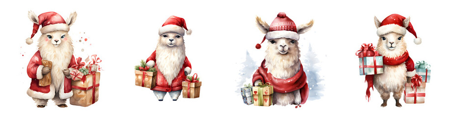 Four festive llamas wearing Santa hats and scarves hold Christmas gifts winter scene elements transparent background
