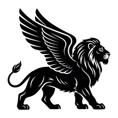 Obraz premium Bold black silhouette icon of a majestic winged lion isolated on white background