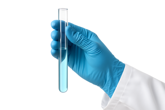 Scientist's Gloved Hand Holding a Test Tube with Blue Liquid During a Laboratory Experiment