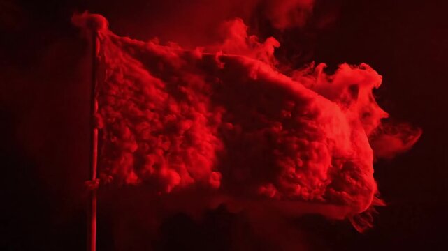 Fiery red flag billows dramatically against a dark, smoky background.